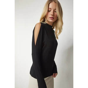 Happiness İstanbul Women's Black Stand-Up Collar Open-Shoulder Knitwear Blouse