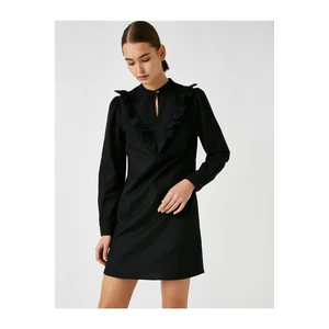 Koton Women's Black 100% Cotton Long Sleeve Button Neck Flounce Dress