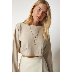 Happiness İstanbul Women's Beige Torn Detailed Knitwear Crop Sweater