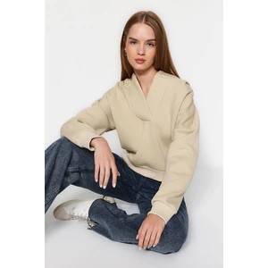 Trendyol Stone Thick Fleece Hooded Comfort-Cut Crop Knitted Sweatshirt