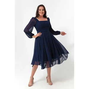 Lafaba Women's Navy Blue Square Collar With Belt, Midi Chiffon Plus Size Evening Dress.