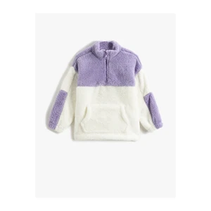 Koton Plush Half-Zip Sweatshirt Standing Neck Color Contrast With Pockets