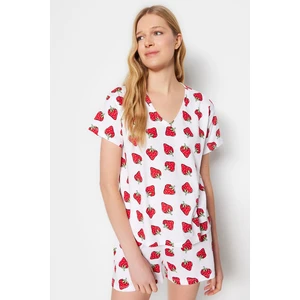 Trendyol White 100% Cotton Strawberry Pattern T-shirt-Shorts Knitted Pajamas Set