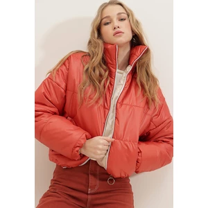 Trend Alaçatı Stili Women's Tile Stand Collar Double Pockets Elastic Waist Inflatable Coat