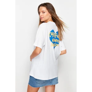 Trendyol White 100% Cotton Front and Back Embossed Printed Oversized/Wide Fit Knitted T-Shirt