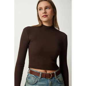 Happiness İstanbul Women's Dark Brown Ribbed Turtleneck Crop Knitted Blouse