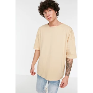 Trendyol Beige Basic 100% Cotton Crew Neck Oversize/Wide Cut Short Sleeve T-Shirt