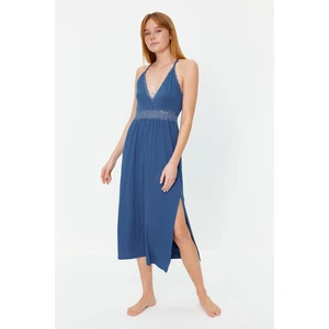 Trendyol Blue Lace Back Detail and Slit Detail Rope Strap Knitted Nightgown