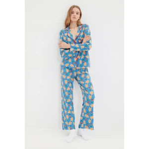 Trendyol Blue 100% Cotton Christmas Themed Knitted Pajamas Set