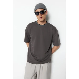 Trendyol Limited Edition Anthracite Relaxed/Comfortable Cut Knitwear Banded Textured Pique T-Shirt