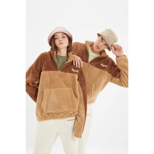 Trendyol Camel Unisex Oversize Standing Collar Zippered Color Block Color-blocked Minimal Embroidery Warm Plush Sweatshirt.