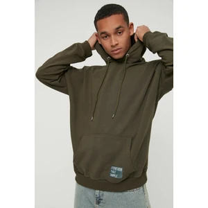 Trendyol Khaki Men's Basic Hooded Oversized Sweatshirt with Labels and a Soft Pile Cotton Sweatshirt