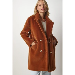 Happiness İstanbul Women's Oversized Tan Rabbit Feather Look Coat