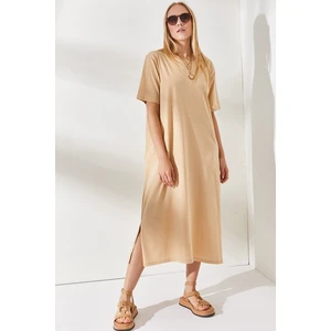 Olalook Women's Beige Side Slit Oversize Cotton Dress