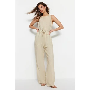 Trendyol Beige Linen Belted Denim Jumpsuit