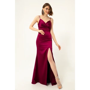 Lafaba Women's Plum Halter Slit Long Satin Evening Dress & Prom Dress