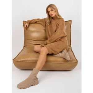 Camel women's loose knitted dress with turtleneck