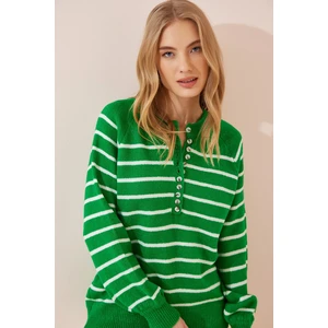 Happiness İstanbul Women's Vibrant Green Buttoned Collar Striped Knitwear Sweater