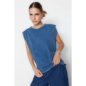 Trendyol Indigo 100% Cotton Faded Effect Pleated Basic Crew Neck Knitted T-Shirt