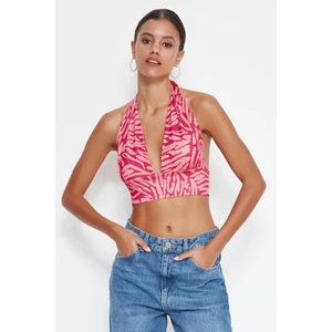 Trendyol Pink Printed Halterneck Fitted Super Crop Stretchy Knit Blouse