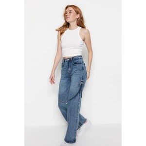 Trendyol Dark Blue Functional High Waist Wide Leg Jeans with Buckle Detail