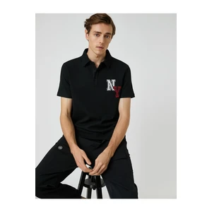 Koton College T-Shirt Polo Neck Button Detailed Embroidered.