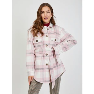 White-pink ladies plaid shirt jacket with tie ORSAY - Ladies