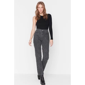 Trendyol Black Leopard Print High Waist Straight Jeans