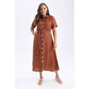 DEFACTO Shirt Collar Linen Look Midi Short Sleeve Woven Dress