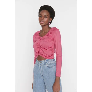 Trendyol Pink Pleated Crop Knitted Blouse