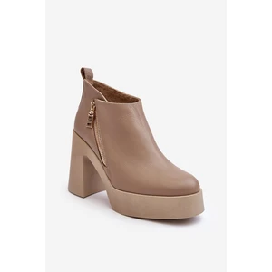 Women's Solid High Heel Ankle Boots with Zipper Zazoo Beige