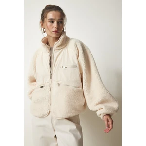 Happiness İstanbul Women's Cream Zipper Plush Jacket Coat