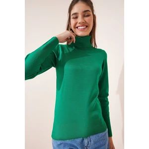 Happiness İstanbul Women's Vibrant Green Turtleneck Lightweight Balloon Sleeves Knitwear Sweater