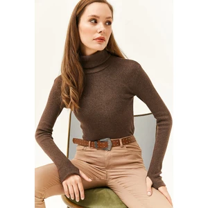 Olalook Women's Bitter Brown Turtleneck Finger Detailed Lycra Blouse