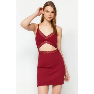 Trendyol Burgundy Cotton Lace Detailed Ribbed Knitted Nightdress with Strap