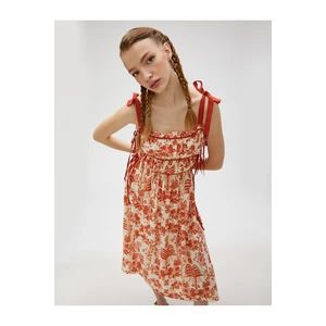 Koton Floral Midi Dress with Straps and Bow Detail Pleated Tie Viscose