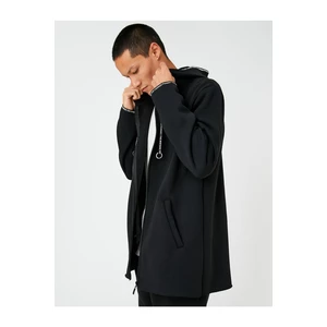 Koton Basic Long Cardigan with a Hooded Zipper, Pocket Slogan with Detail.