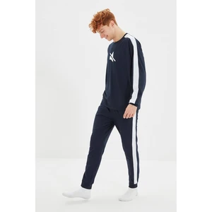 Trendyol Navy Blue Printed Stripe Detailed Knitted Pajamas Set