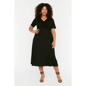 Trendyol Curve Black V Neck Pleated Knitted Dress