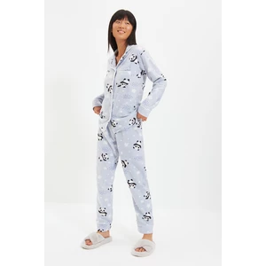 Trendyol Blue Panda Patterned Knitted Pajamas Set