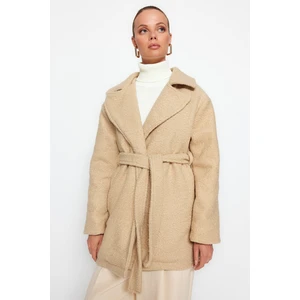 Trendyol Beige Oversize Wide-Cut Belted Boucle Coat