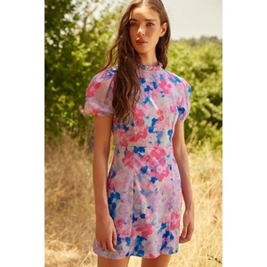 Trendyol Blue High Neck Floral Pattern Lined Mini Woven Woven Dress