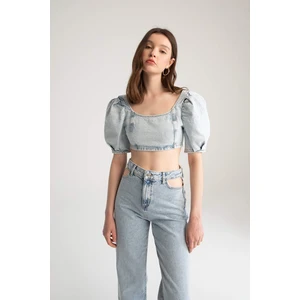 DEFACTO Slim Fit Balloon Sleeve Zippered Jean Crop Top