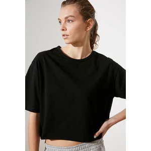 Trendyol Black Loose Crop Dzianted T-Shirt