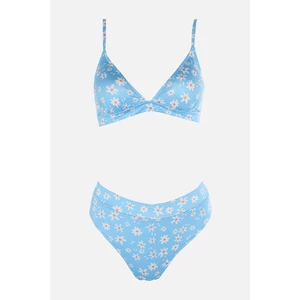 Trendyol Blue Floral Pattern High Waist Bikini Set