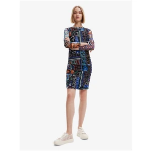 Blue and Black Women Patterned Sheath Mini Dress Desigual Lettering - Women