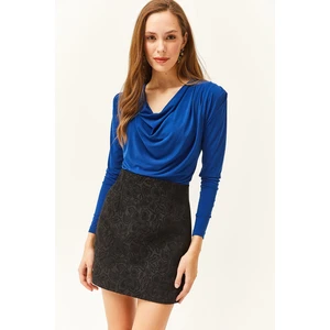 Olalook Women's Saxe Blue Waistband Pleated Turndown Collar Blouse