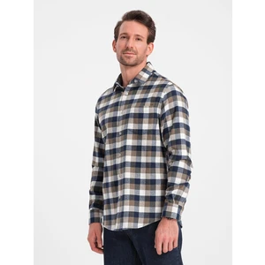 Ombre Classic men's flannel check cotton shirt - brown and navy blue