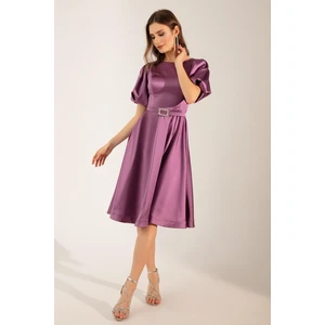 Lafaba Women's Lavender Mini Satin Evening Dress with Balloon Sleeves and Stones Belt.