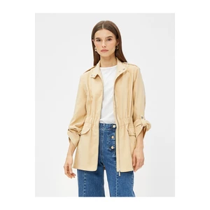 Koton Short Trench Coat with Zipper Epaulettes Detailed